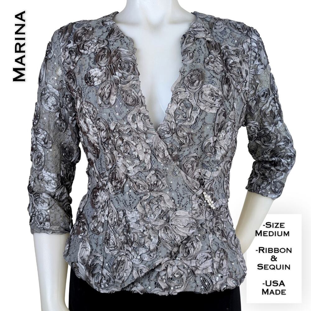 Marina Ribbon Rosette Sequin Lace Blouse Medium Gray Sheer Sleeve Evening Glam
